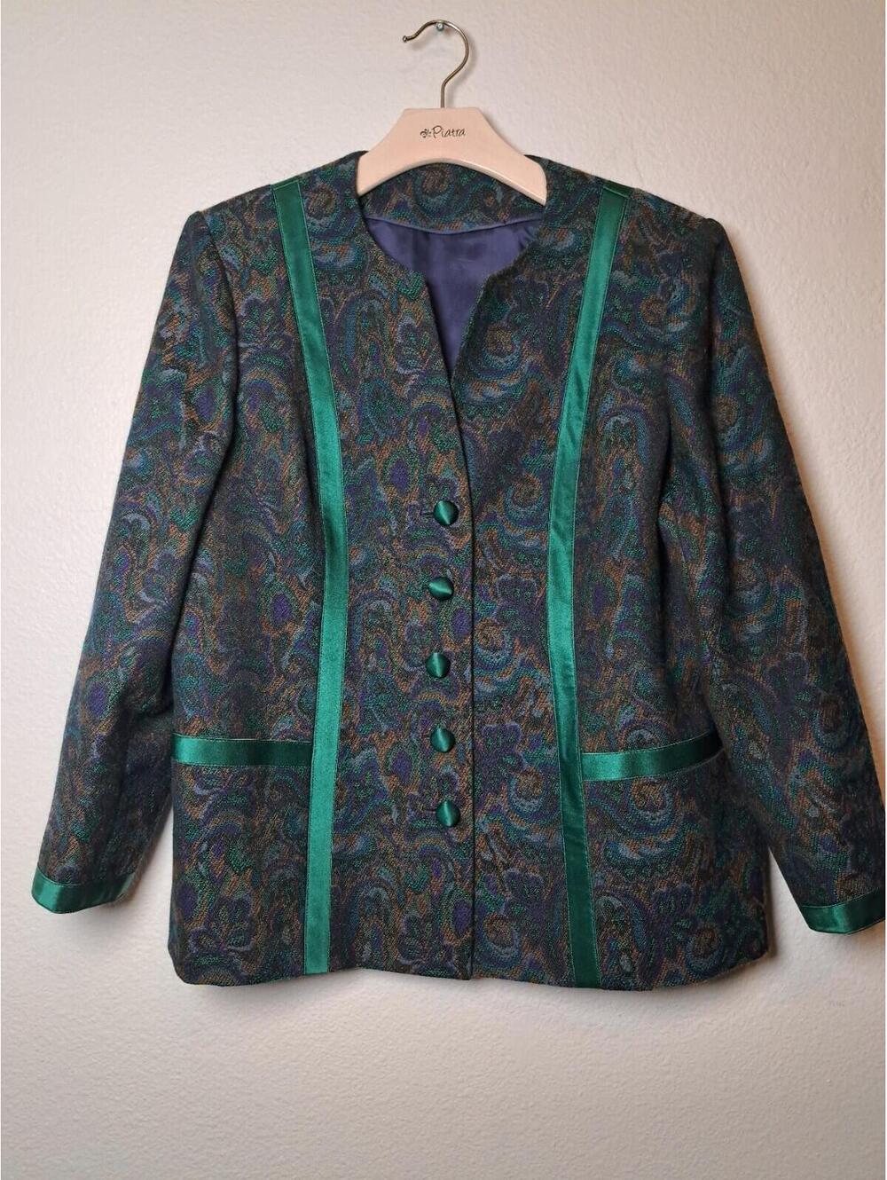 VTG Women's sz L Suit Jacket Blazer AND Skirt Paisley Green Silk Mix Custom Made